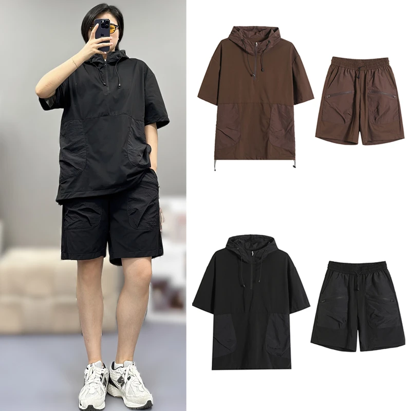 夏季潮流时尚休闲套装半拉链宽松连帽韩版潮流休闲两件套男女同款