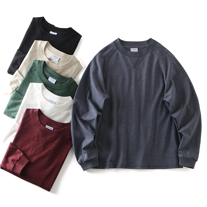 精纱竹节棉复古长袖春秋轻薄纯色打底T恤男简约百搭
