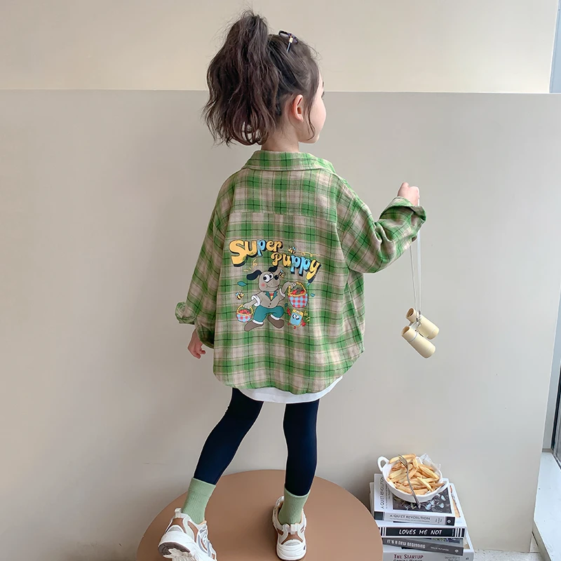 女童衬衫外套春秋款2024新款长袖女宝宝格子衬衣儿童秋装洋气衣