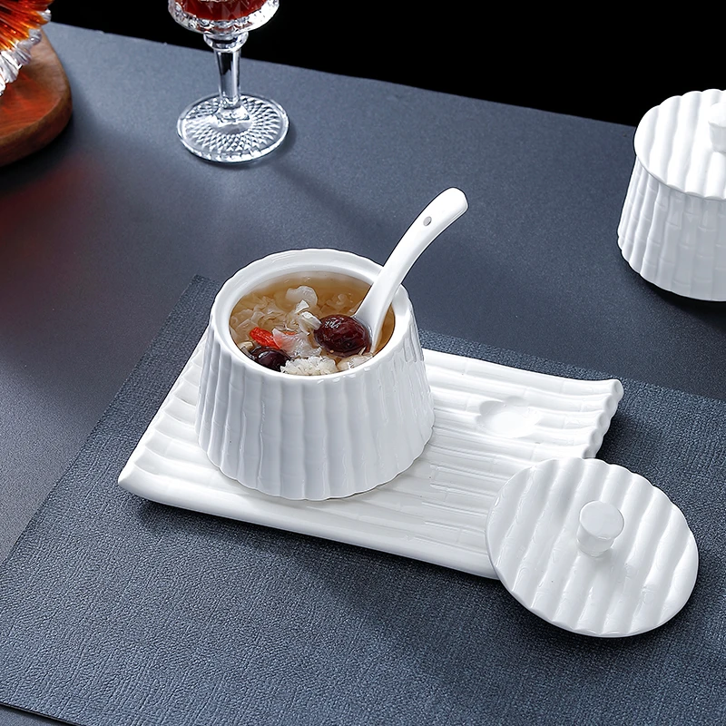 陶瓷汤盅套装带盖带勺酒店炖盅炖燕窝蛋羹汤家用炖汤中式竹筏炖盅