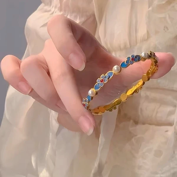 OULLEN 铜合金手镯 小众梦幻彩色四叶草手镯设计感民族风百搭配饰