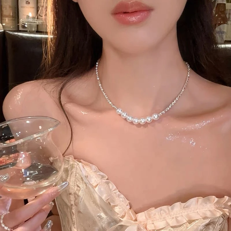 OULLEN 钛钢项链 碎银子贝珠项链女设计感百搭优雅高级感女士颈链