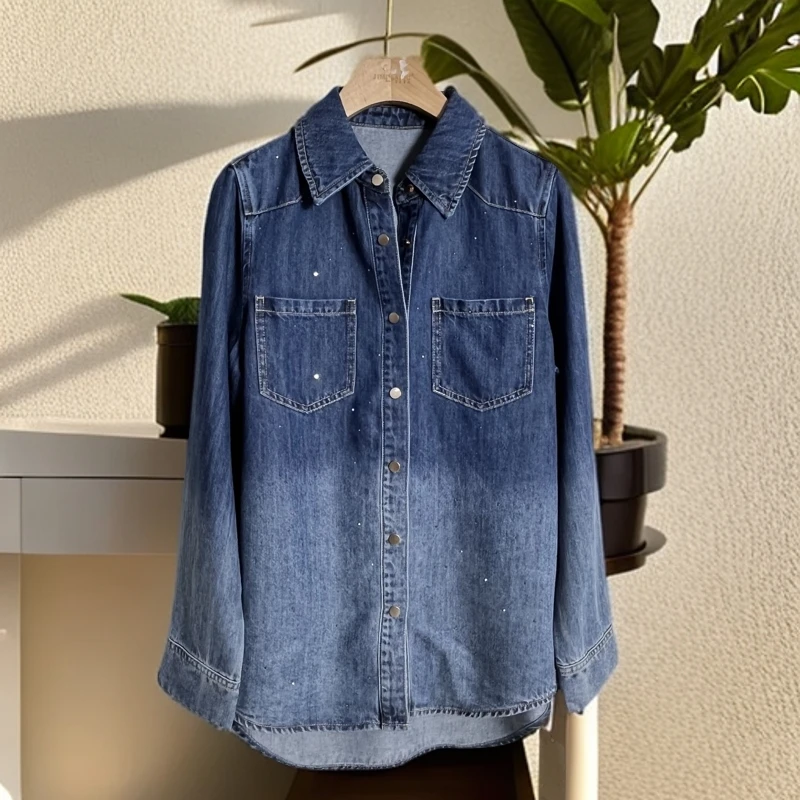 QP 菲诗菲曼高端定制  渐变色烫钻仿牛仔衬衫QP420338