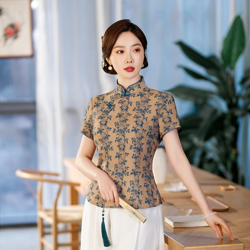 046-23181复古中式优雅夏季显瘦修身气质旗袍小上衣（单件上衣）