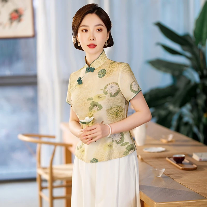 046-23180中式日常优雅夏季显瘦修身气质旗袍小上衣（单件上衣）