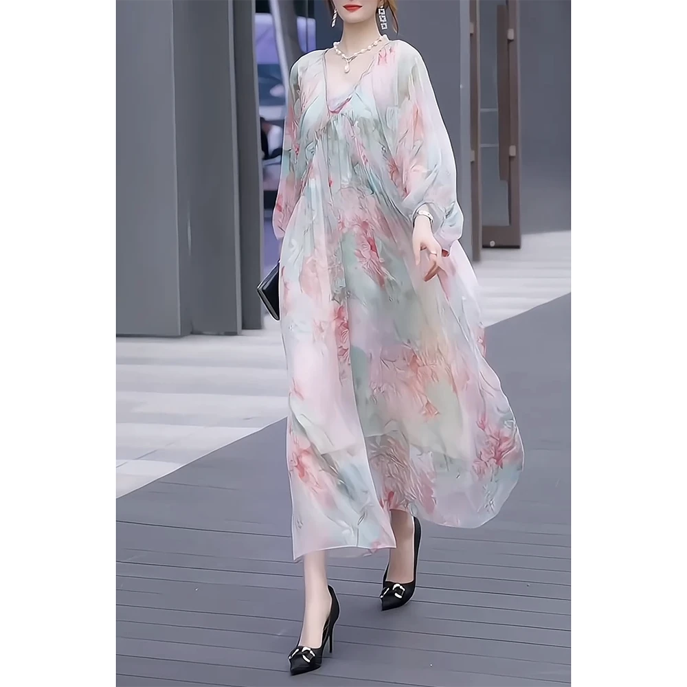 显瘦连衣裙仙气拼接印花九分袖长裙宽松大码减龄洋气女裙可外穿