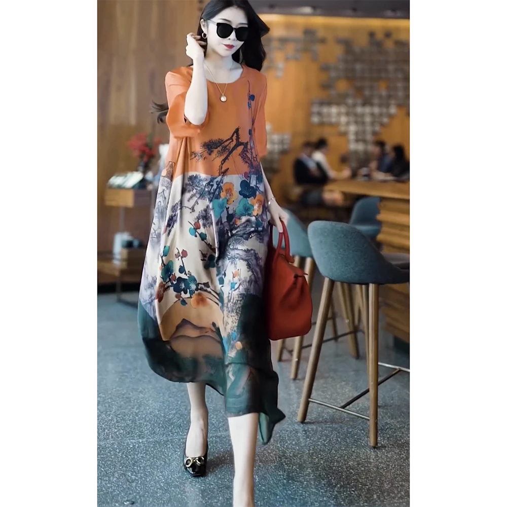 特价福利 圆领百搭国风图案连衣裙女装气质时尚复古宽松印花长裙