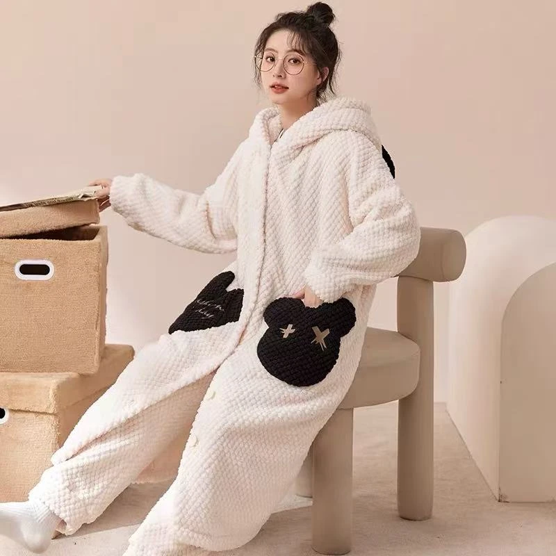 2025年家居服睡袍秋冬季女家居服套装连帽冬季卡通加绒睡衣套装