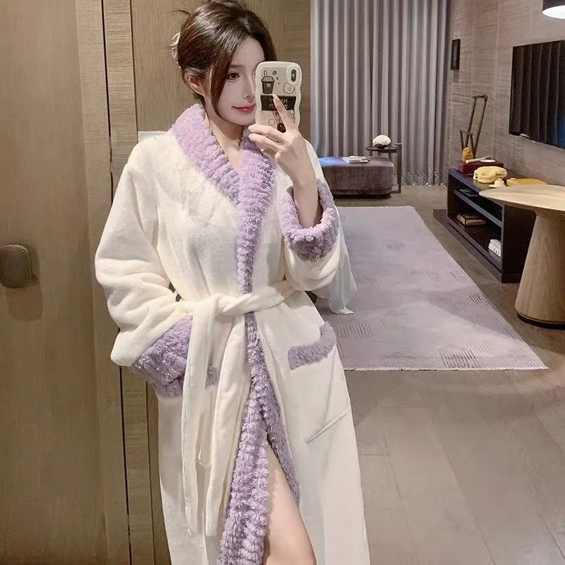 秋冬季睡衣女珊瑚绒加绒加厚保暖长款高级性感可外穿冬天睡袍浴袍