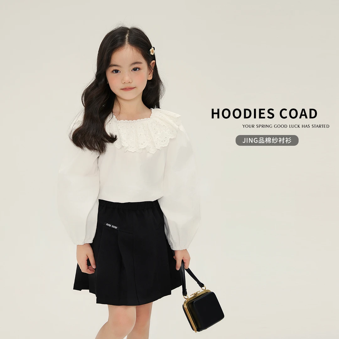 布丁哈鲁【蕾丝衬衫】2024春夏女童白色蕾丝娃娃领衬衫G41TM230