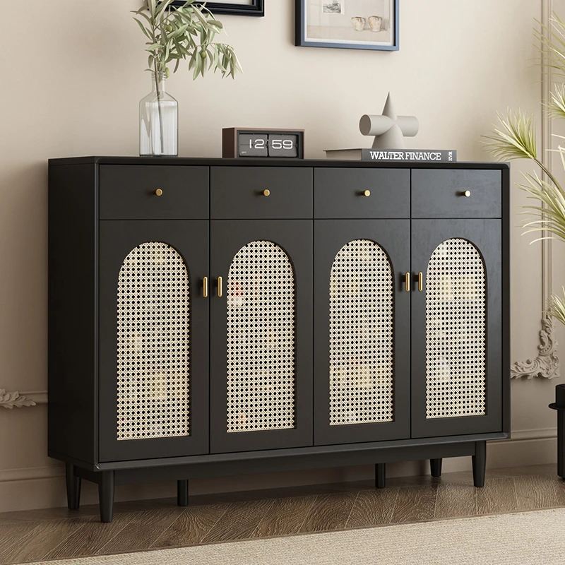 复古藤编鞋柜实木框黑色家用门口客厅简约入户玄关收纳阳台储物柜