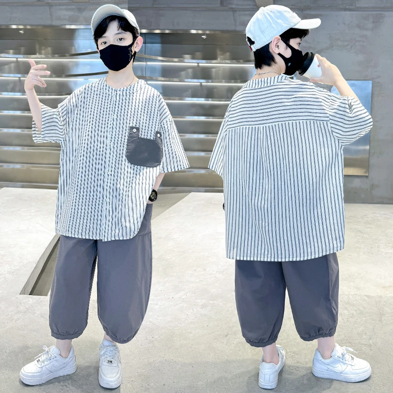 男童夏装短袖套装2024新款中大童男孩夏季衬衫帅气时髦薄款两件套