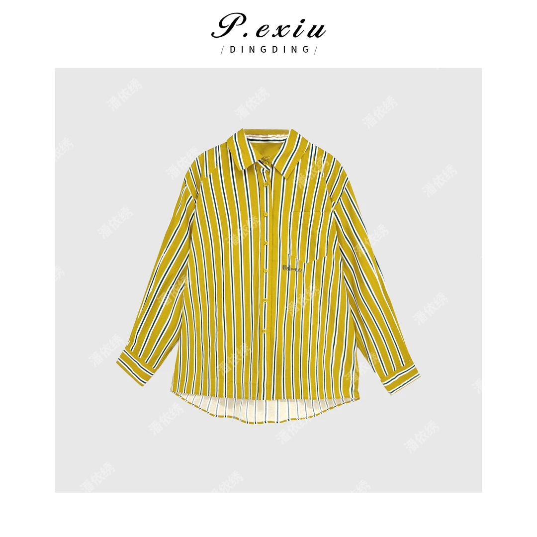 PanYiXiu/潘依绣港风竖条纹Polo领百搭休闲长袖衬衫 SH1208