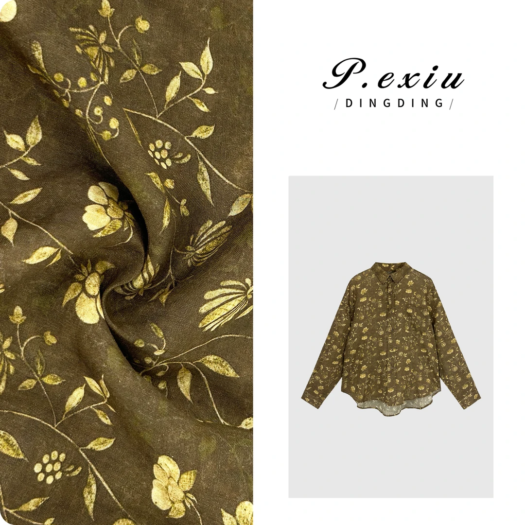 PanYiXiu/潘依绣【小花町】天丝苎麻复古港风满印长袖衬衫 W-61952