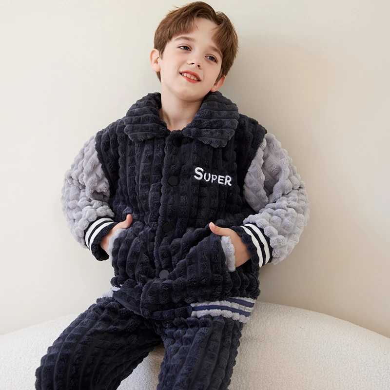 【中大童】加厚儿童睡衣男童法兰绒睡袍男孩家居保暖加绒秋冬季短款