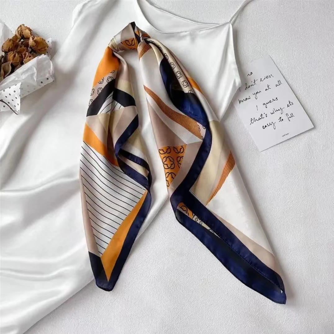 洋气气质时尚复古双面简约百搭拼色韩版大方春秋蓝色轻奢丝巾夏季