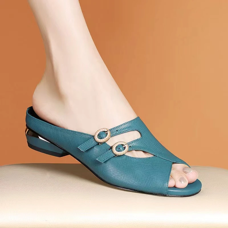 美拉德女拖鞋低跟鱼嘴低跟拖鞋女夏季新款百搭软皮舒适休闲女拖鞋