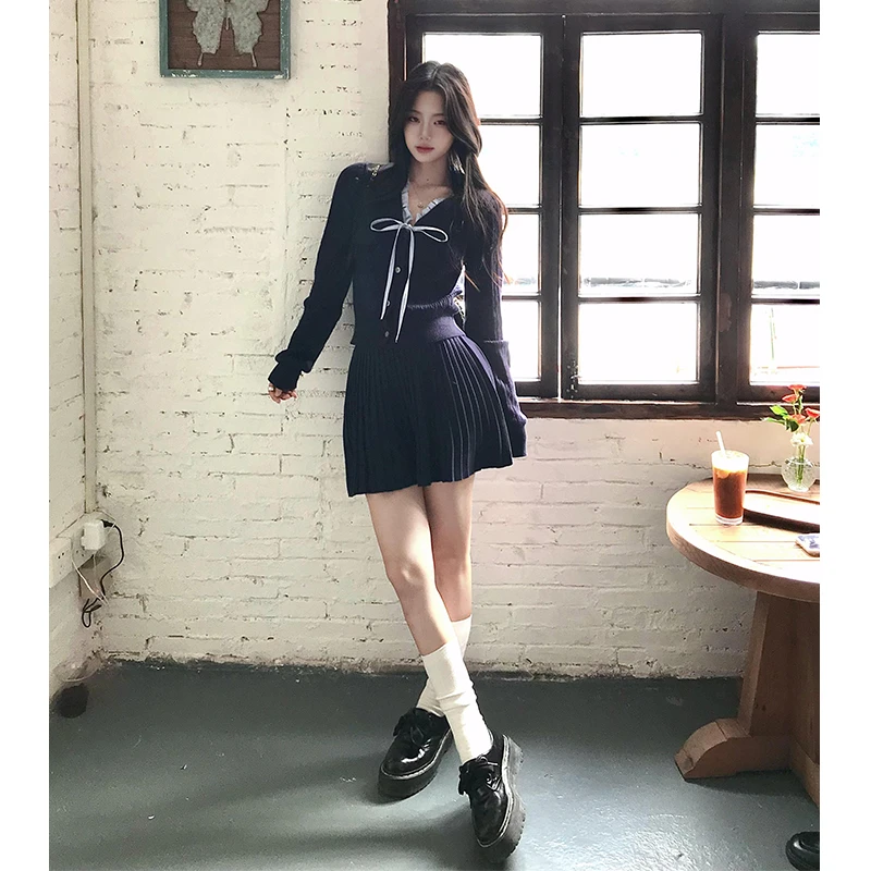 2025春季新款女法式气质修身蝴蝶结针织毛衣上衣高腰百褶半身裙