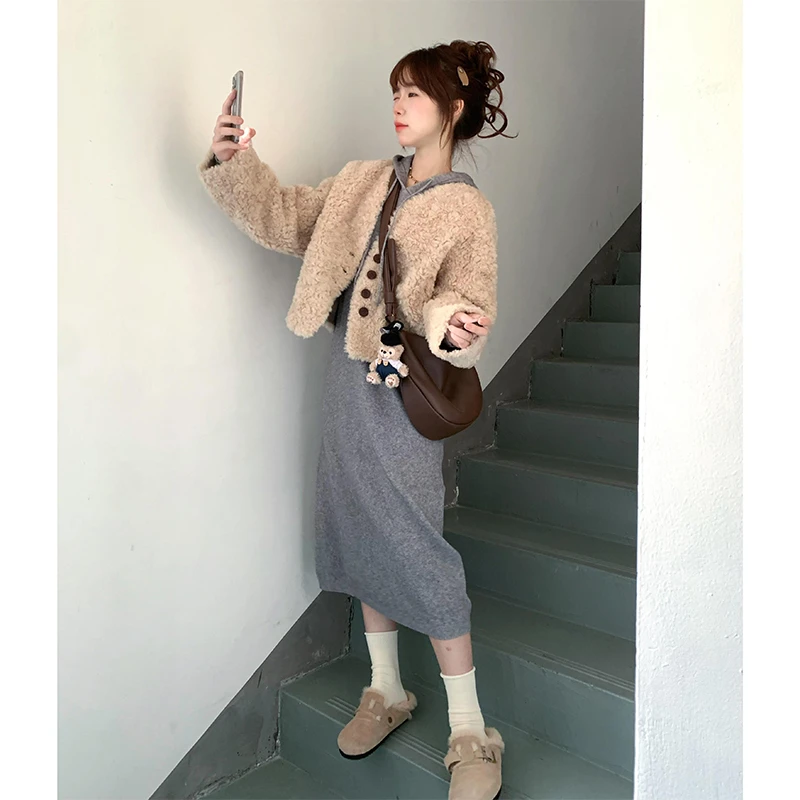 2024秋冬新款女慵懒感宽松保暖毛绒绒外套气质连帽针织毛衣连衣裙