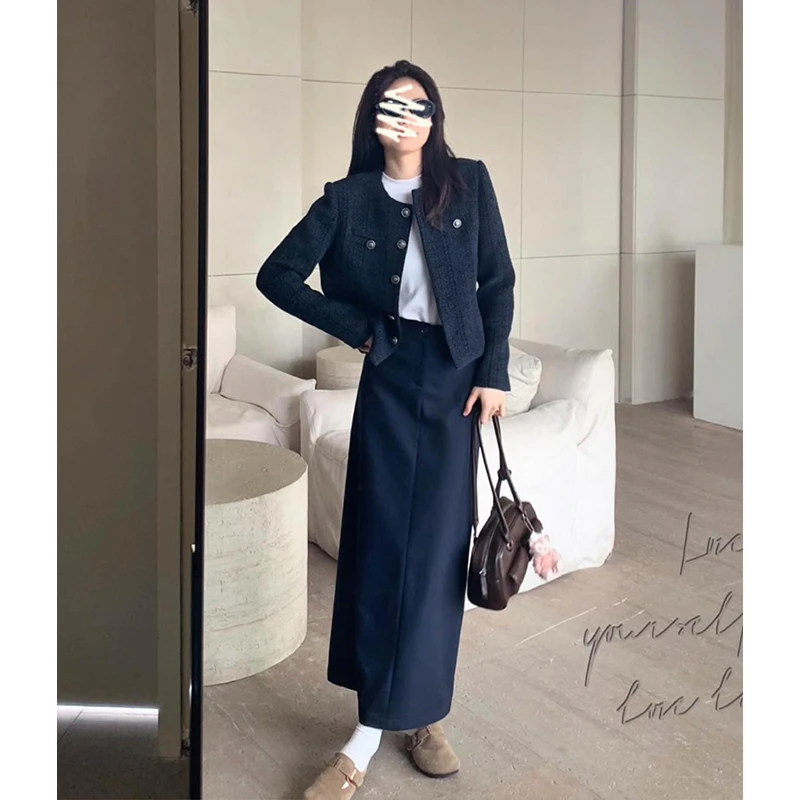 A710#2025春季新款小香风修身短款外套气质高腰西装直筒半身裙子