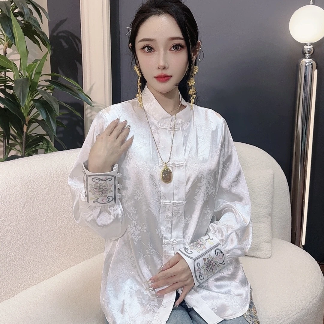 A201#新中式提花衬衫女2025春季新款复古设计感气质百搭刺绣上衣