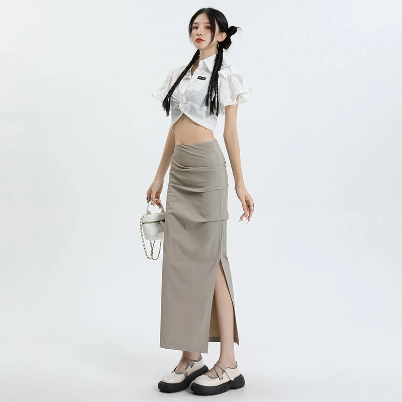 欧美高腰褶皱开叉半身裙夏季修身辣妹长裙显瘦工装裙