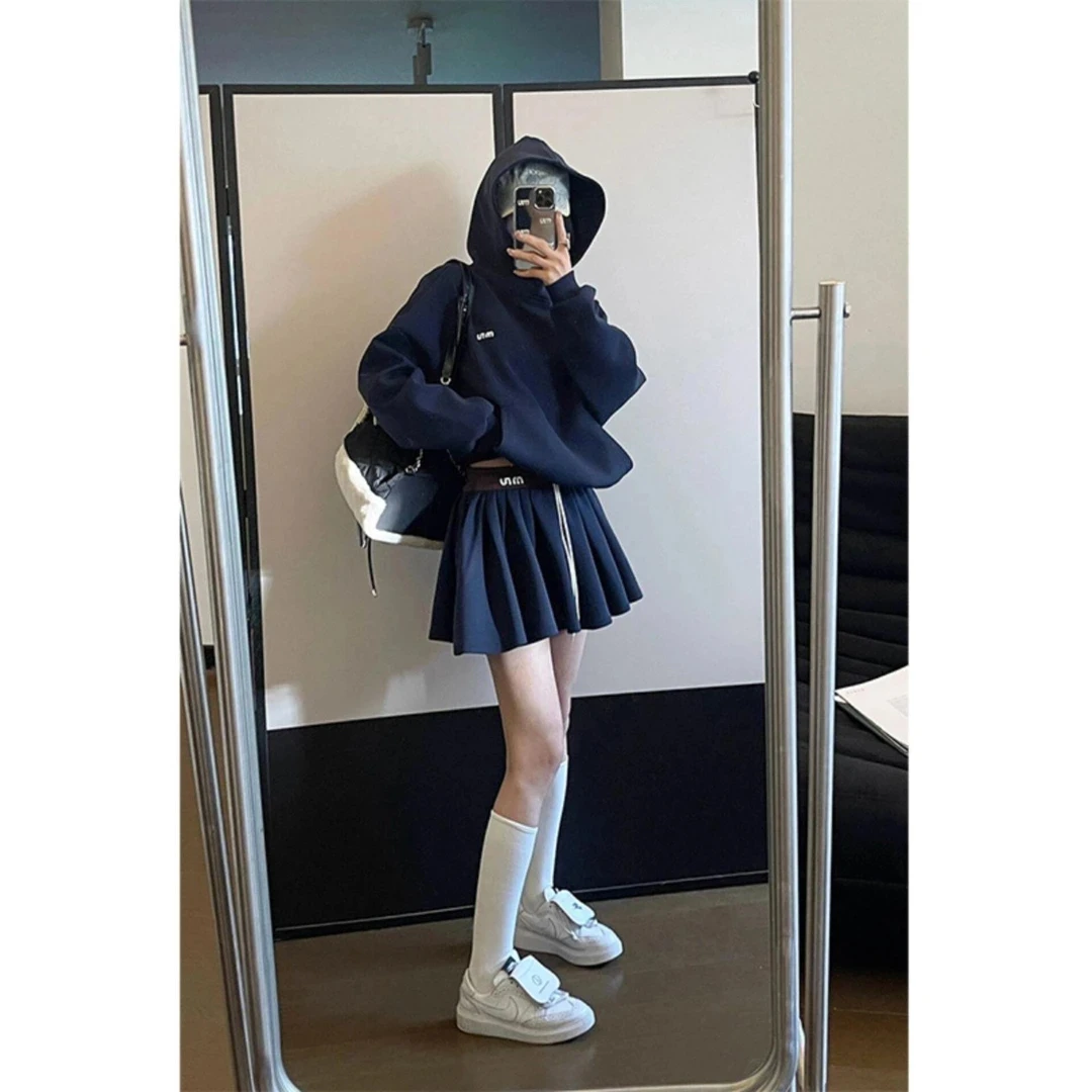 时尚套装女春秋新款运动连帽卫衣宽松显瘦百褶半身裙休闲两件套潮