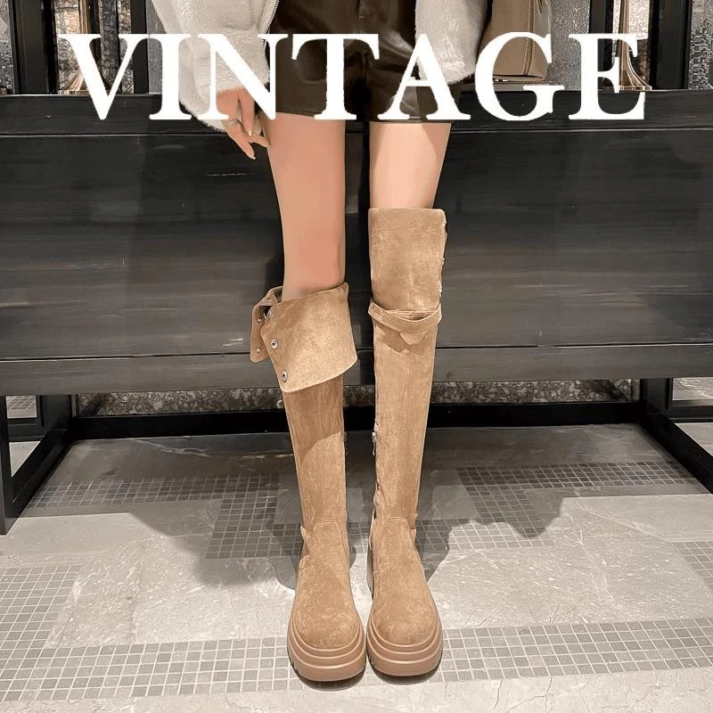 美拉德两穿翻折过膝长靴粗跟厚底胖mm大腿围显瘦长筒靴高筒骑士靴
