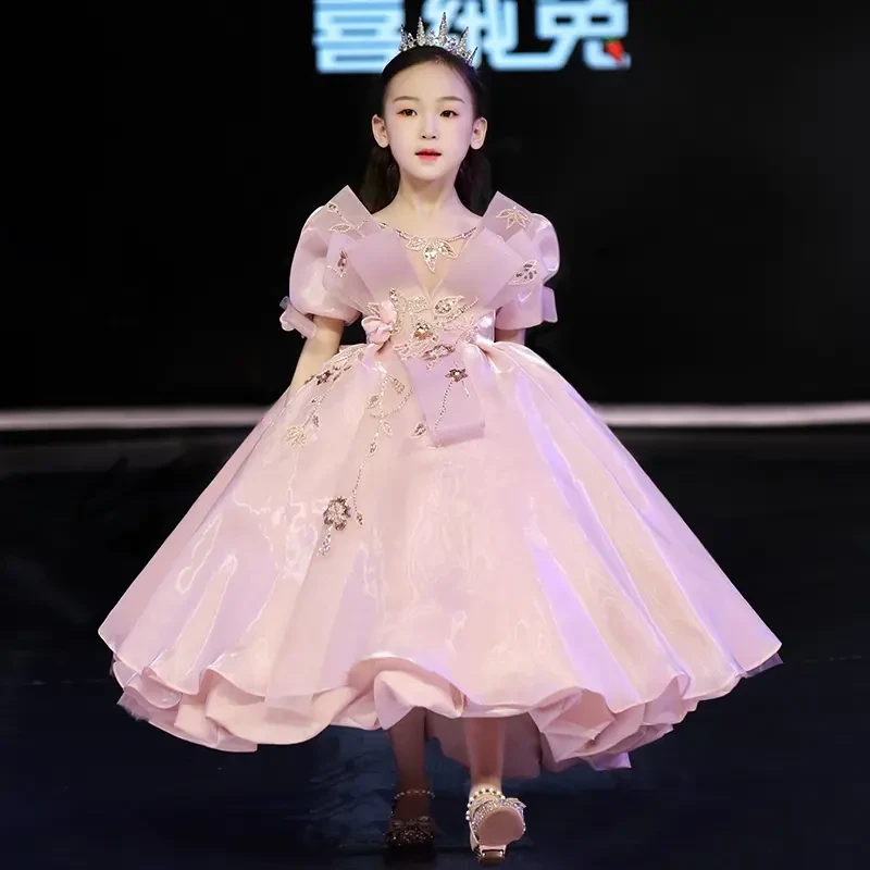 儿童礼服公主裙高端走秀女童钢琴演出服洋气小女孩主持晚礼服粉