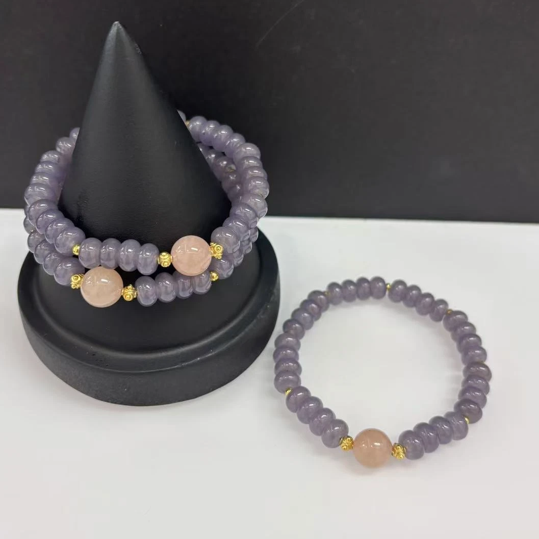 和田玉藕粉料烟紫算盘手串8m+