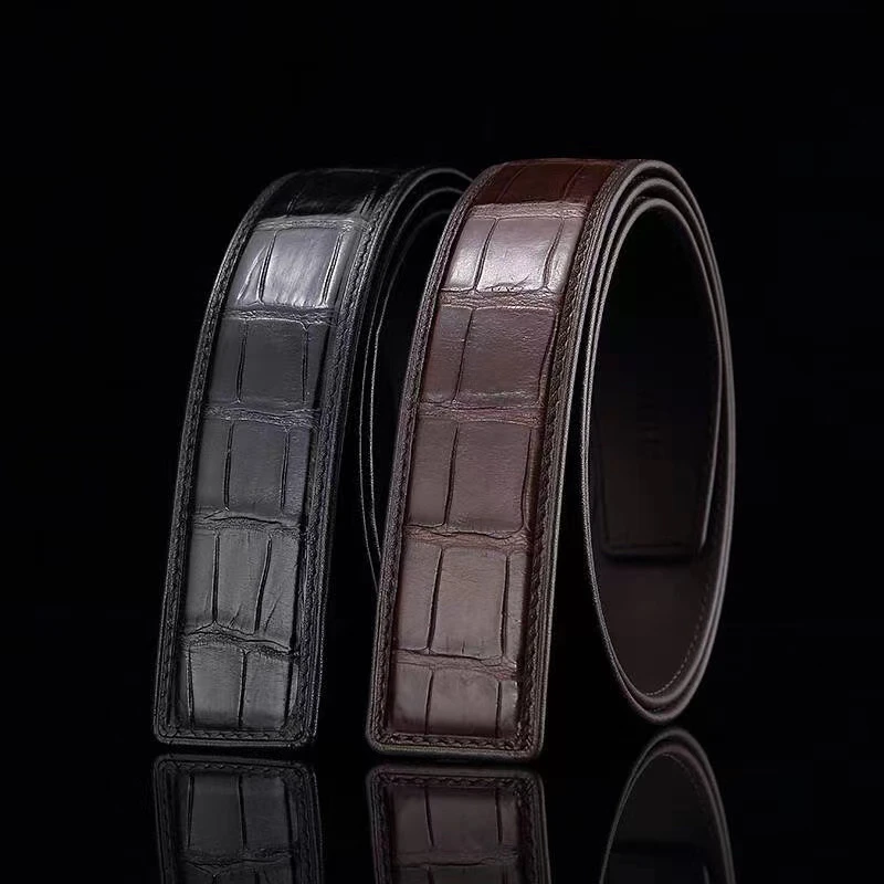 正品鳄鱼皮男士商务3.8宽不带扣皮带