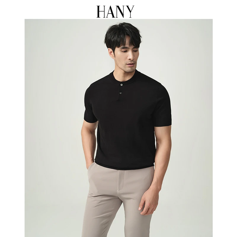 HANY[新中式100支纯棉]新款针织polo衫男黑色男士t恤商务短袖秋季