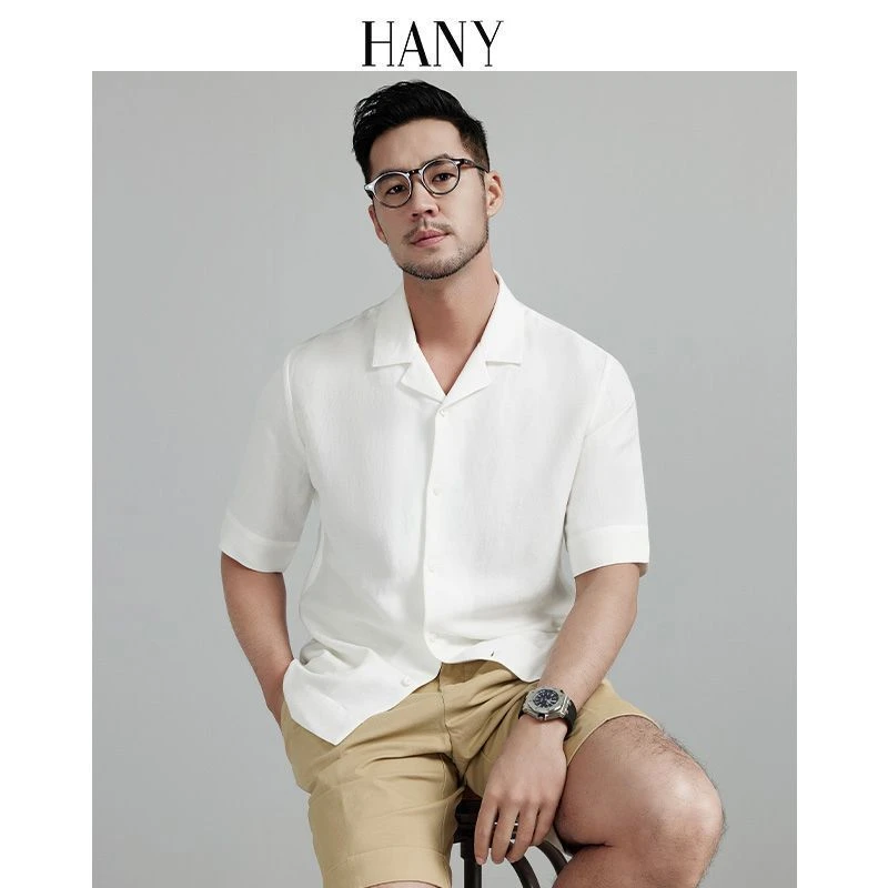 HANY【高级亚麻古巴领】汉尼短袖衬衫男商务休闲男士中式白色衬衣