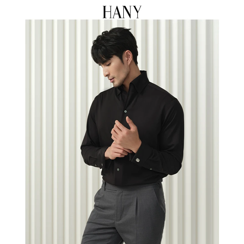 HANY【一片领衬衫】汉尼法式衬衫男长袖高级袖扣男士意式黑色衬衣