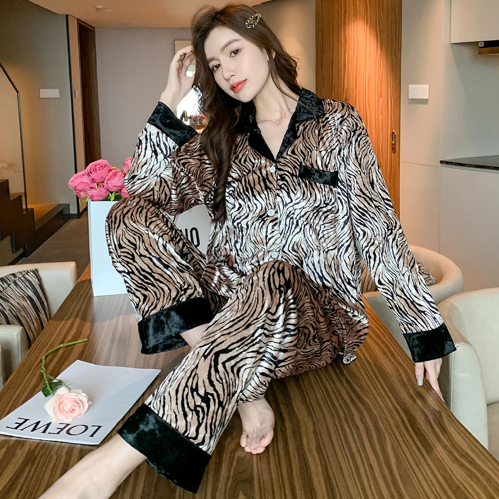 豹纹金丝绒睡衣女秋冬季长袖两件套宽松高级感钻石绒家居服3301#