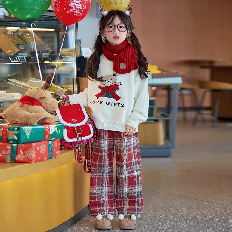 女童加绒加厚直筒阔腿裤秋冬款儿童一体绒卫裤洋气女孩红色格子裤