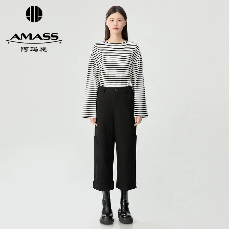 阿玛施AMASS 新款中高腰酷感工装风口袋直筒女士工装高腰直筒裤