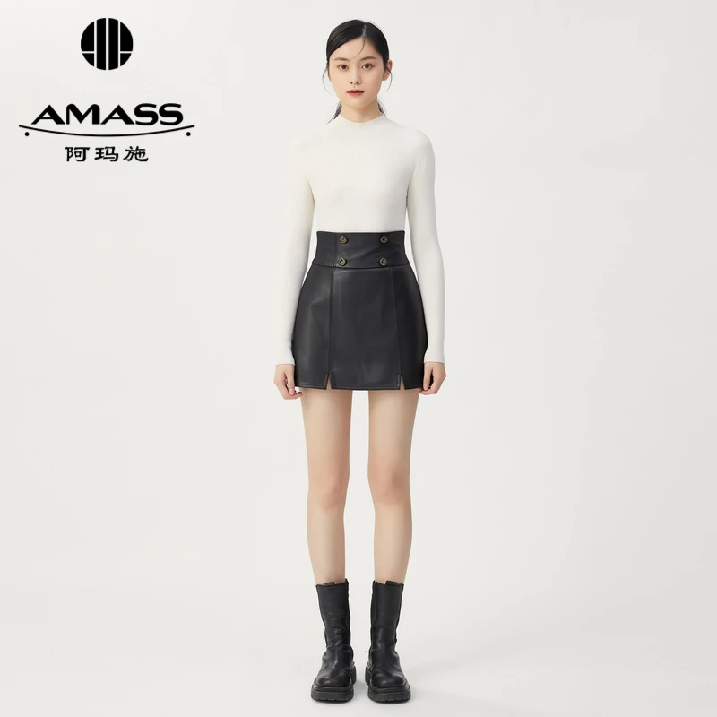 AMASS阿玛施黑色双排扣开叉半身裙裤显瘦时尚包阿玛施半身裙