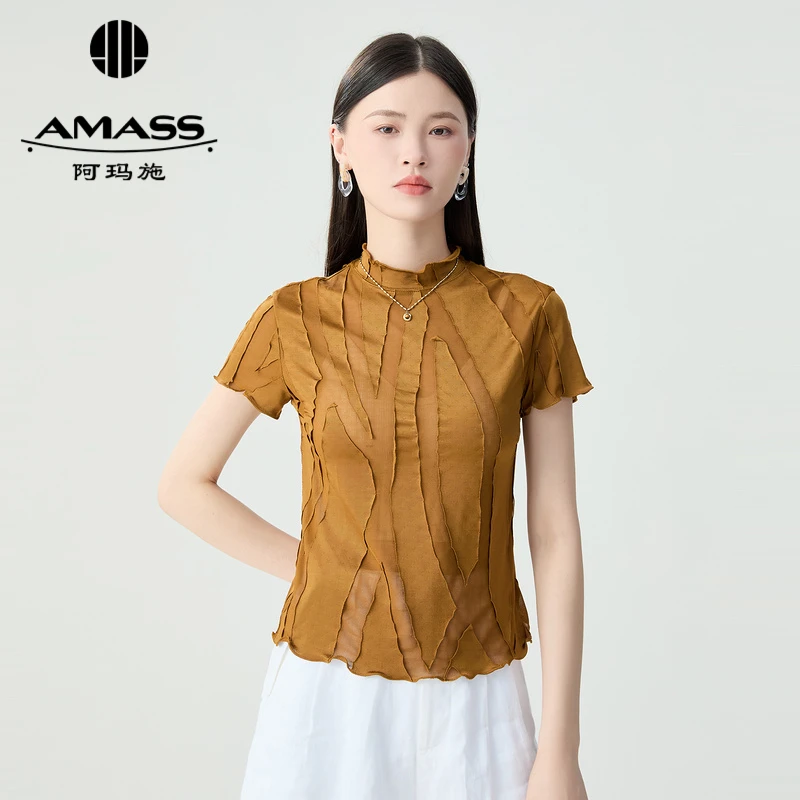 阿玛施AMASS夏季新款休闲透视拼接烟管领短袖条纹短袖T恤5300603