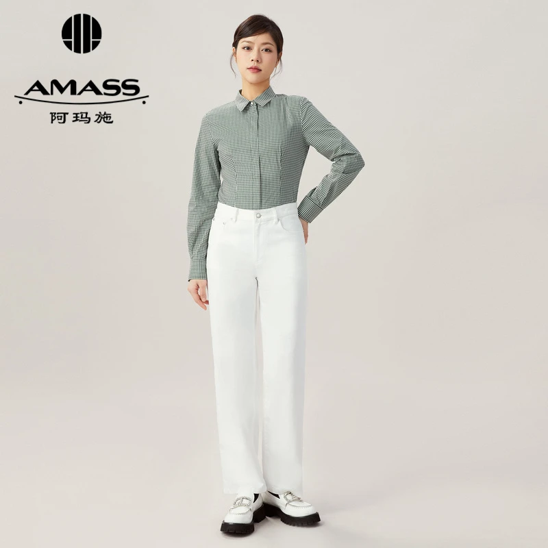 阿玛施春夏时尚简约基础款通勤气质修身女士长袖格阿玛施白衬衫