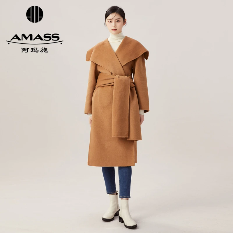 AMASS阿玛施 长款宽松版大口袋双面尼大衣女修身围巾领长款大衣
