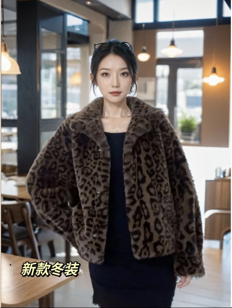 2024冬季爆款豹纹短外套方领设计貂绒皮毛一体加厚大衣时尚气质女