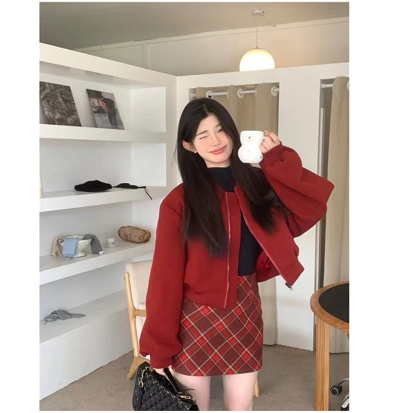 YZY美学公式韩版chic复古质感秋冬新款百搭毛呢机车夹克短款外套