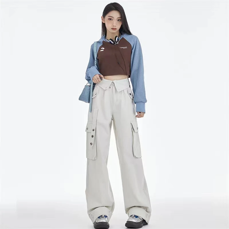 YZY美式宽松休闲直筒工装牛仔裤女多口袋拼接个性显瘦牛仔裤女
