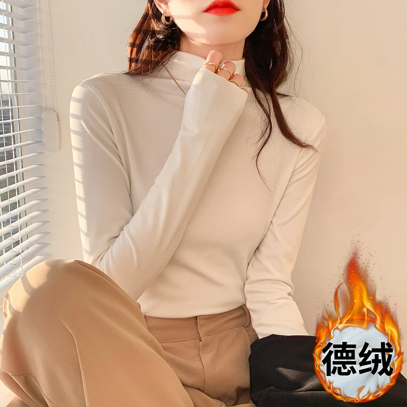 半高领修身长袖女t恤女秋冬新款显瘦百搭德绒保暖打底衫内搭上衣