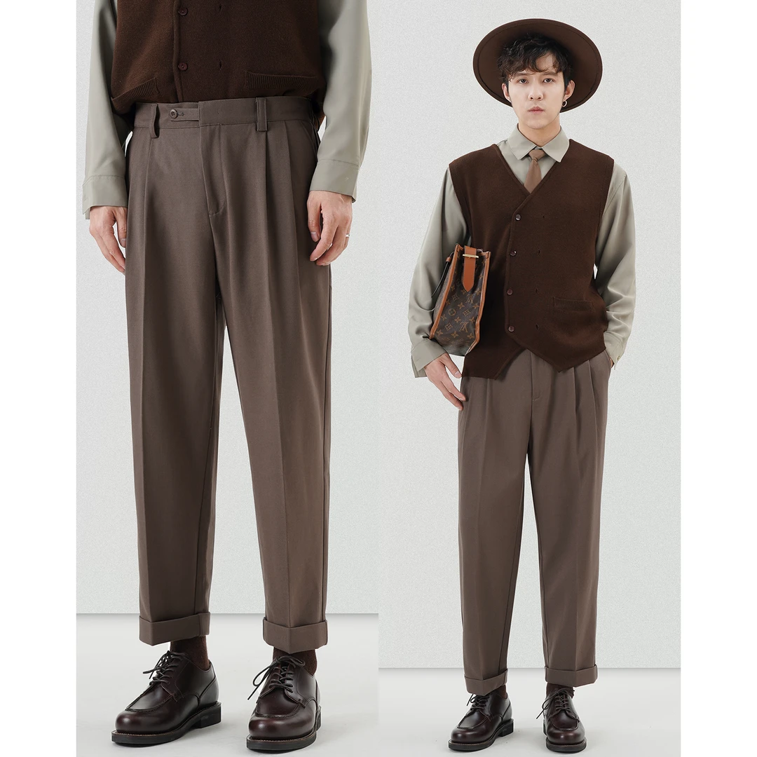 春秋直筒宽松毛呢加厚休闲裤男士垂感秋冬季百搭九分西装裤男裤子