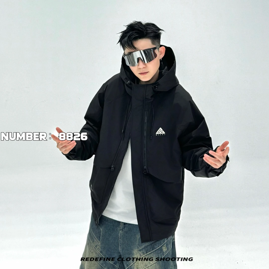 8826潮牌工装夹克秋冬款加棉加厚外套休闲百搭男士连帽二棉衣