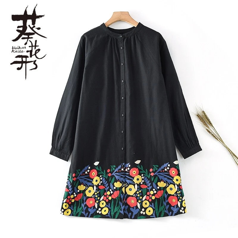 国风复古A字纯棉磨毛宽松长袖衬衫连衣裙