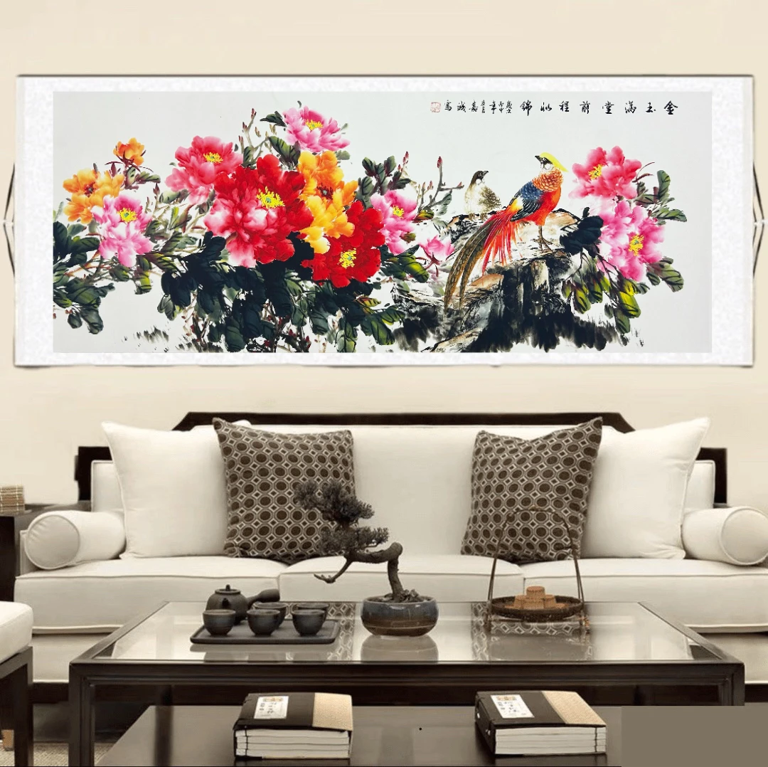 锦鸡牡丹大丈二已装裱310cm*92cm卧室客厅办公室装饰画