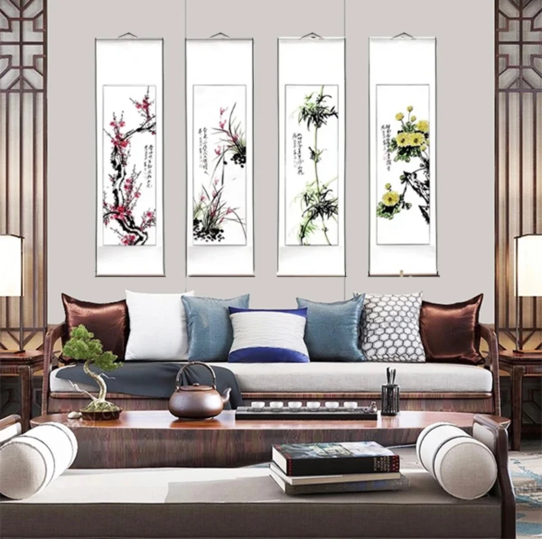 梅兰竹菊150cm*40cm已装裱客厅书房办公室卧室花鸟装饰挂画